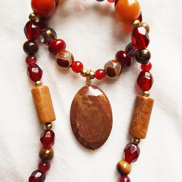 Brown Jasper & Red Jade Beaded Pendant Necklace - 24k Gold Plated Stainless - Picture 5 of 16